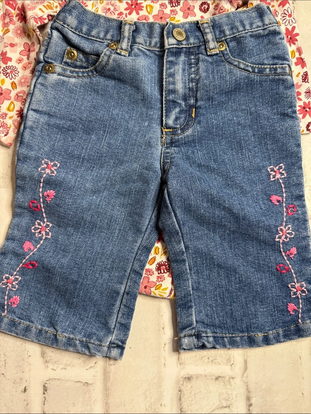 Old Navy Girls Blue Denim Jeans with Pink Floral Embroidery